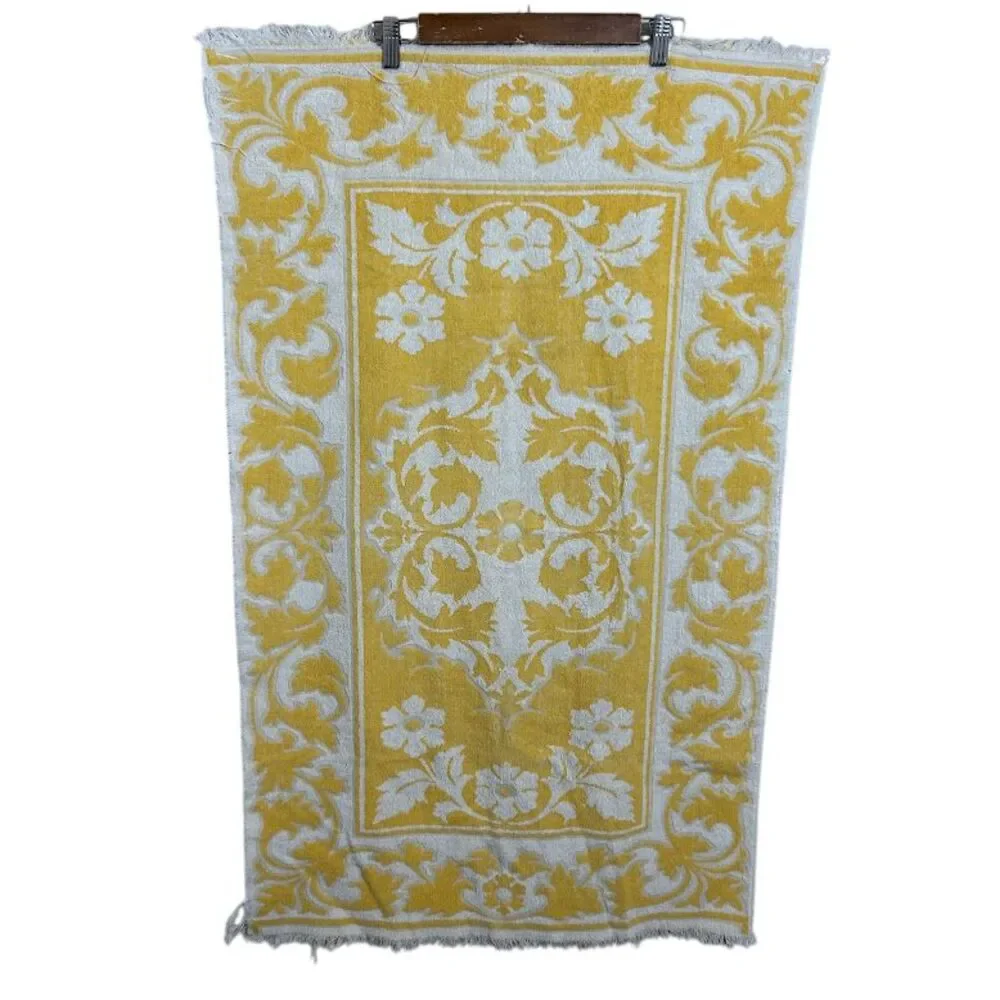 Vtg Sears Drylon Fringed Bath Towel Jacobean Print Golden Yellow Repurpose Craft